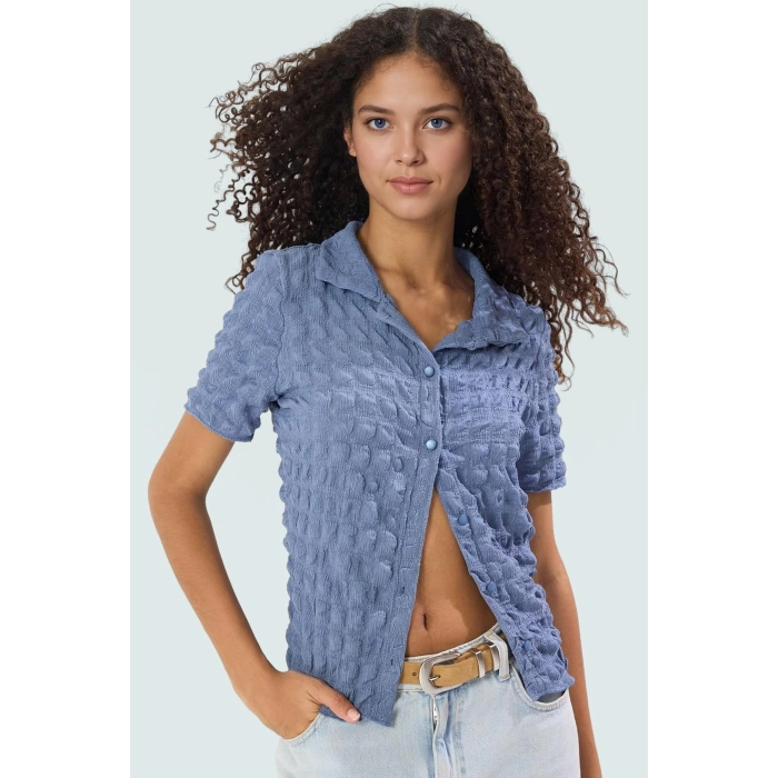 Fitted Polo Yaka Kısa Kollu Gofre Örme Bluz Yazlık Casual Kombinler İçin Konforlu Kesim