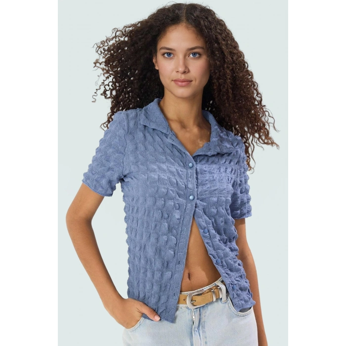 Fitted Polo Yaka Kısa Kollu Gofre Örme Bluz Yazlık Casual Kombinler İçin Konforlu Kesim