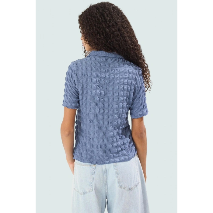 Fitted Polo Yaka Kısa Kollu Gofre Örme Bluz Yazlık Casual Kombinler İçin Konforlu Kesim