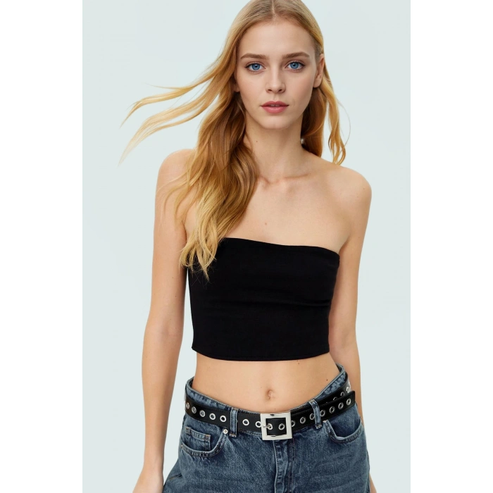 Fitted Straplez Yaka Crop Örme Bluz Rahat Günlük Stil Dayanıklı Malzeme Seçkin