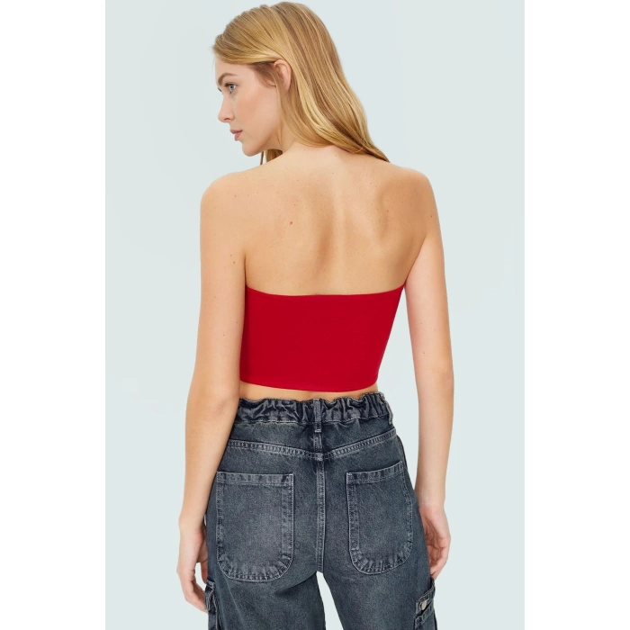 Fitted Straplez Yaka Crop Örme Bluz Rahat Günlük Stil Dayanıklı Malzeme Seçkin