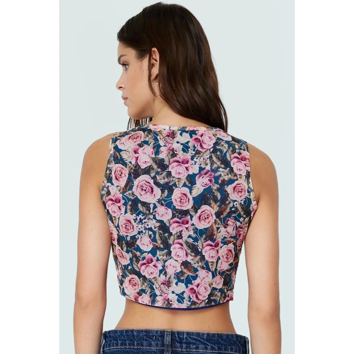 Fitted Tül Bluz Kare Yaka Kolsuz Çiçek Desenli Yazlık Konforlu Kesim Kaliteli İşçilik