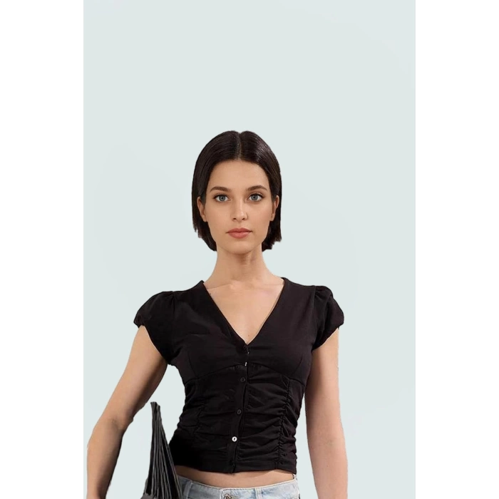 Fitted Vücuda Oturan Pamuklu Bluz V Yaka Düğmeli Kısa Kollu Yazlık Modern Stil Trend Tasarım