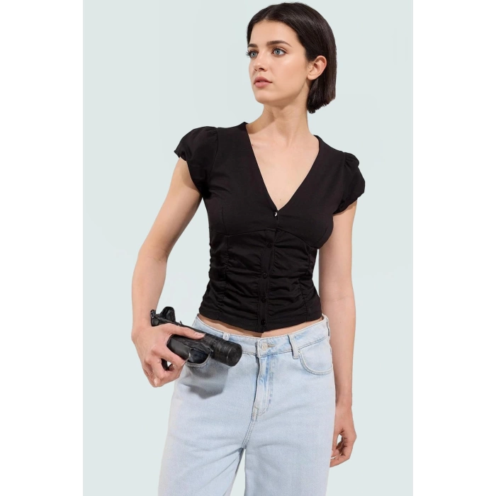Fitted Vücuda Oturan Pamuklu Bluz V Yaka Düğmeli Kısa Kollu Yazlık Modern Stil Trend Tasarım