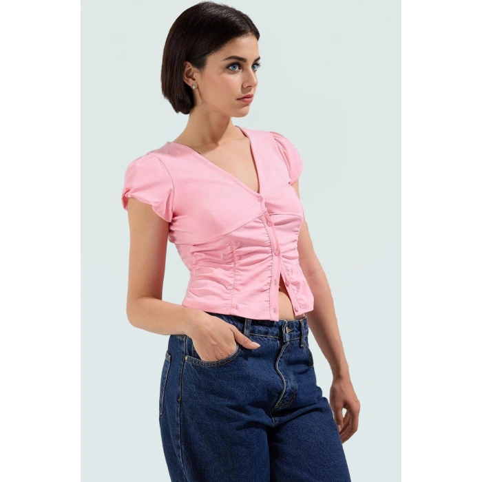 Fitted Vücuda Oturan Pamuklu Bluz V Yaka Düğmeli Kısa Kollu Yazlık Modern Stil Trend Tasarım