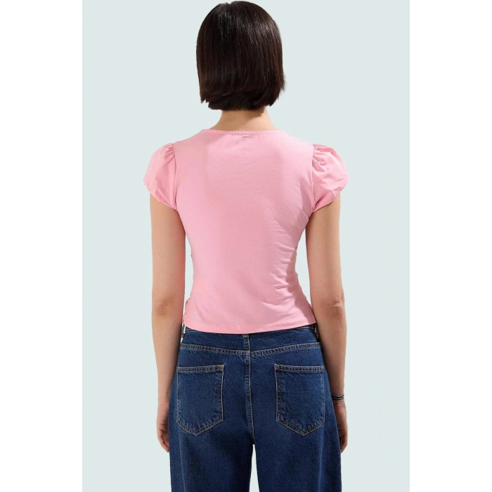 Fitted Vücuda Oturan Pamuklu Bluz V Yaka Düğmeli Kısa Kollu Yazlık Modern Stil Trend Tasarım