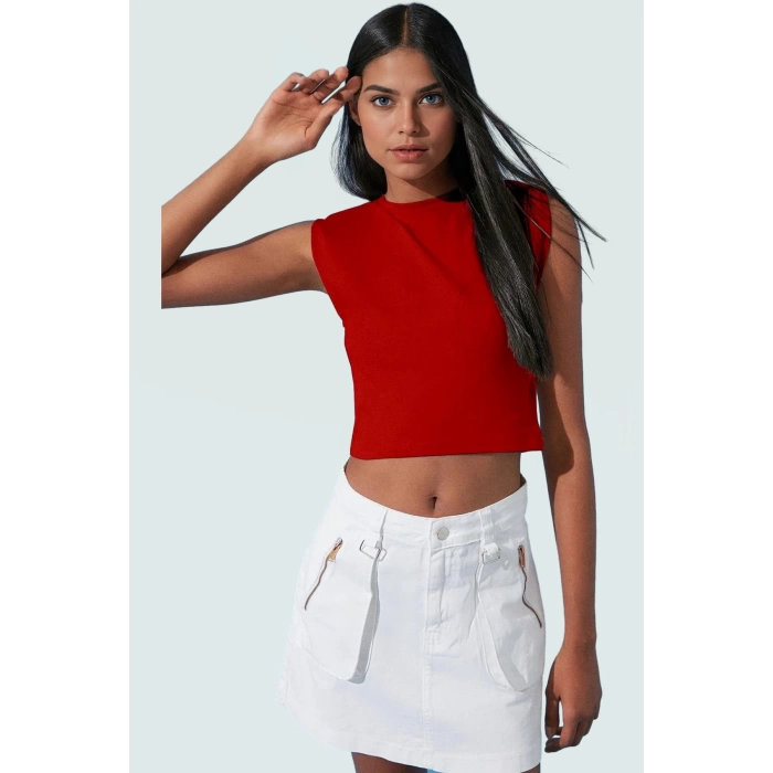 Fitted Vücut Oturan Kolsuz Örme Bluz Bisiklet Yaka Tasarım Premium Kalite Trend