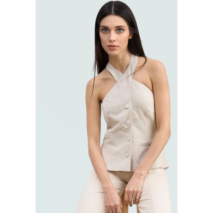 Fitted Yelek Keten Karışımlı Halter Yaka Yazlık Bluz İş Giyim Zarifane Tasarım Özel