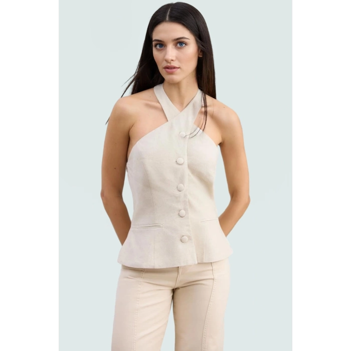 Fitted Yelek Keten Karışımlı Halter Yaka Yazlık Bluz İş Giyim Zarifane Tasarım Özel