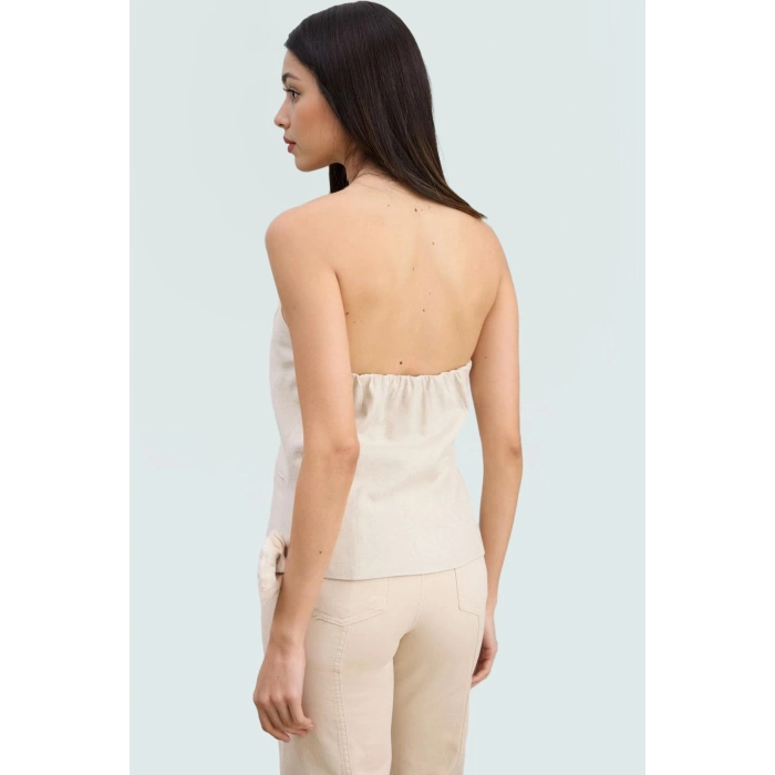 Fitted Yelek Keten Karışımlı Halter Yaka Yazlık Bluz İş Giyim Zarifane Tasarım Özel