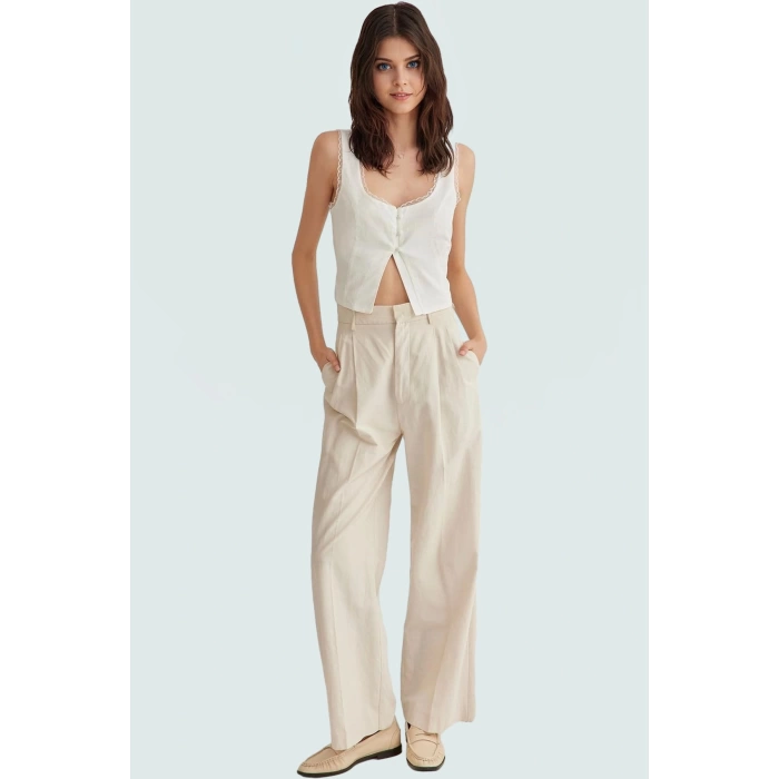Flamlı Pamuk Dokuma Bluz Basic Kolsuz Kare Yaka Crop Fitted Rahat Kullanım Ve Şık