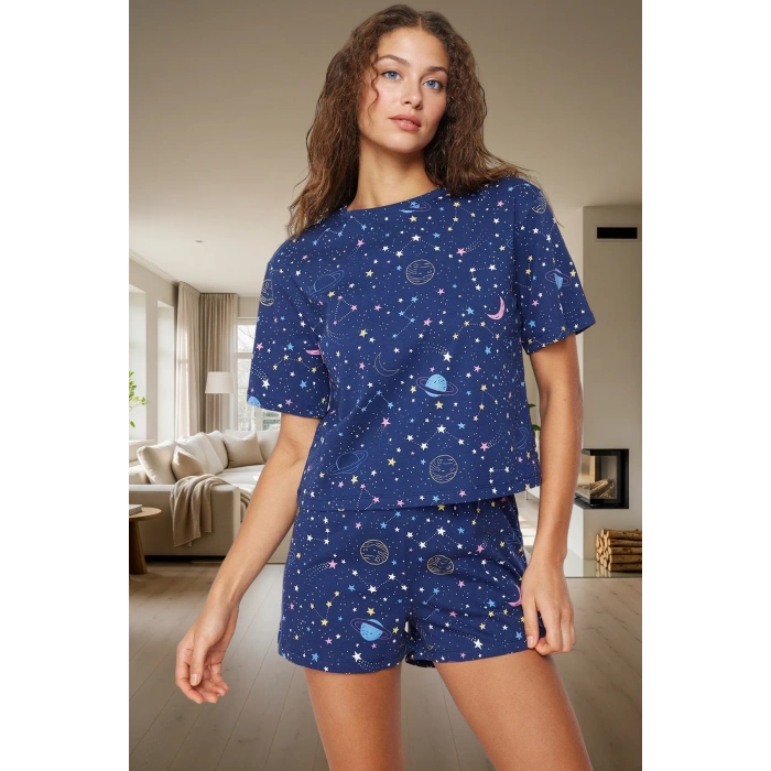 Galaksi Desenli Pamuklu Pijama Takımı Regular Kalıp Yazlık 2li Günlük Kullanım İçin