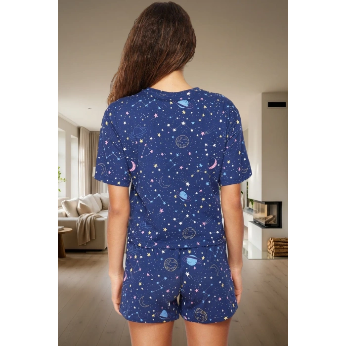Galaksi Desenli Pamuklu Pijama Takımı Regular Kalıp Yazlık 2li Günlük Kullanım İçin