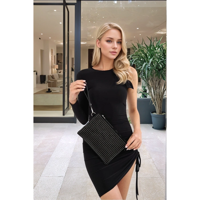 Gece Davetleri İçin Damla Taş Detaylı Zincir Askılı Şık Clutch El ve Omuz Çantası
