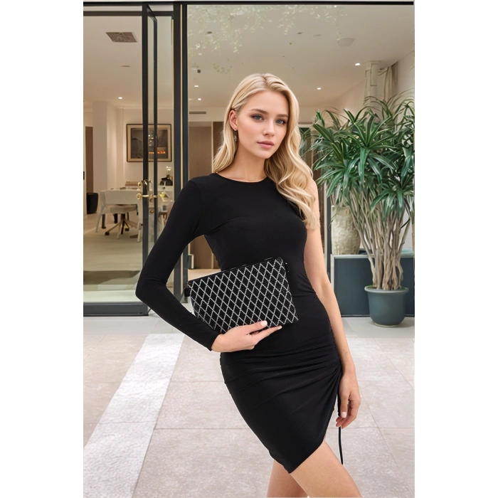 Gece Davetleri İçin Damla Taş Detaylı Zincir Askılı Şık Clutch El ve Omuz Çantası