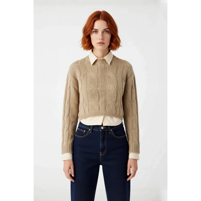 Genç Kadın Casual Tarz Triko Kazak Regular Kalıp Saç Örgü Desenli Kışlık Düşük Kol Detaylı