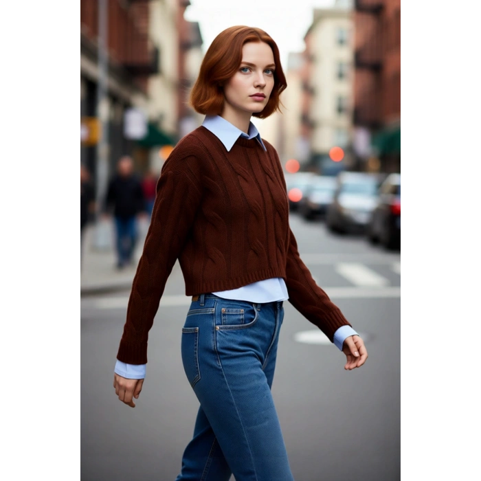 Genç Kadın Casual Tarz Triko Kazak Regular Kalıp Saç Örgü Desenli Kışlık Düşük Kol Detaylı