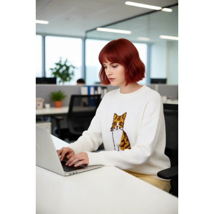 Genç Kadın Rahat Kesim İntersia Dokuma Köpek Nakışlı Bisiklet Yaka Triko Kazak Trend Stil Kaliteli