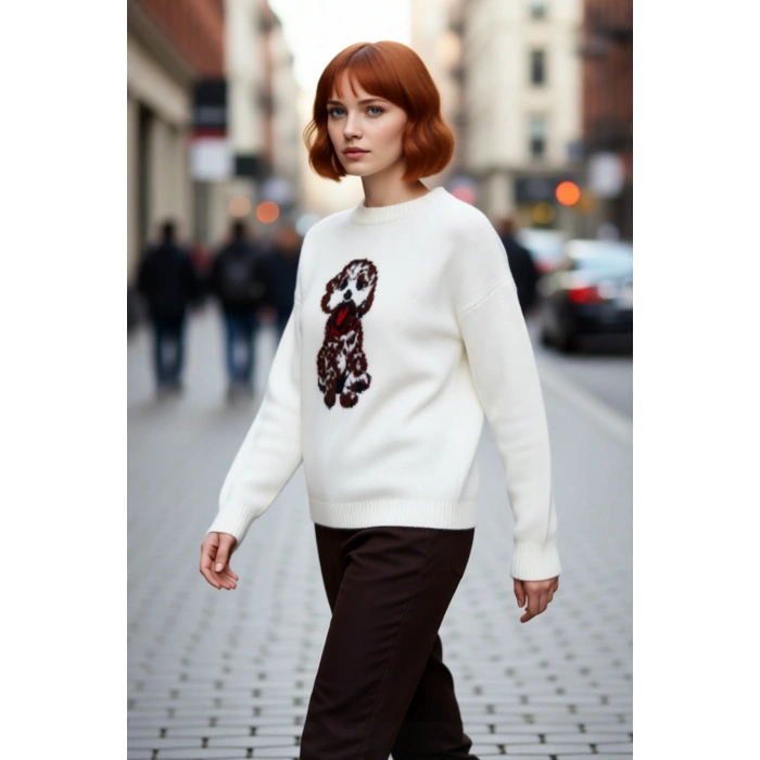 Genç Kadın Rahat Kesim İntersia Dokuma Köpek Nakışlı Bisiklet Yaka Triko Kazak Trend Stil Kaliteli