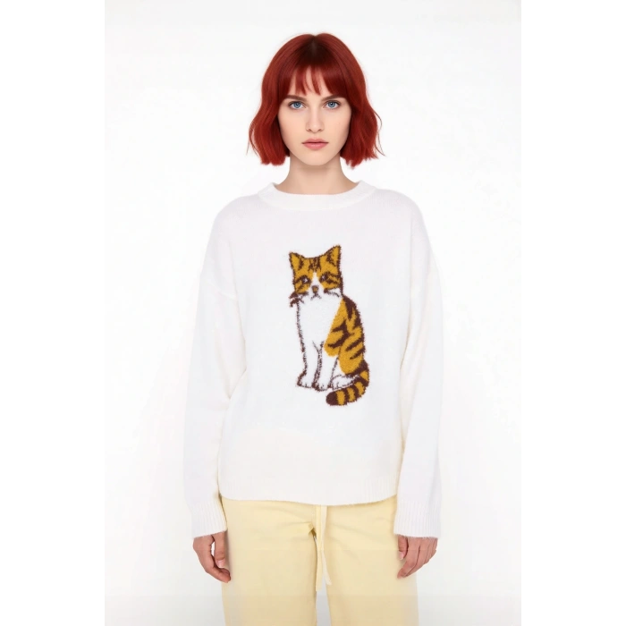 Genç Kadın Rahat Kesim İntersia Dokuma Köpek Nakışlı Bisiklet Yaka Triko Kazak Trend Stil Kaliteli