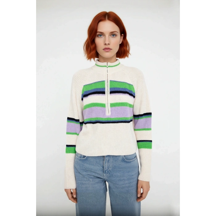 Genç Kadın Reglan Kol Regular Kalıp Renk Bloklu Fermuarlı Crop Kesim Kışlık Triko Kazak Kaliteli