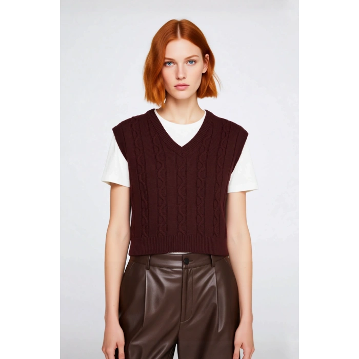 Genç Kızlar İçin Regular Kalıp V Yaka Saç Örgü Triko Crop Süveter İlkbahar Sonbahar Trendi