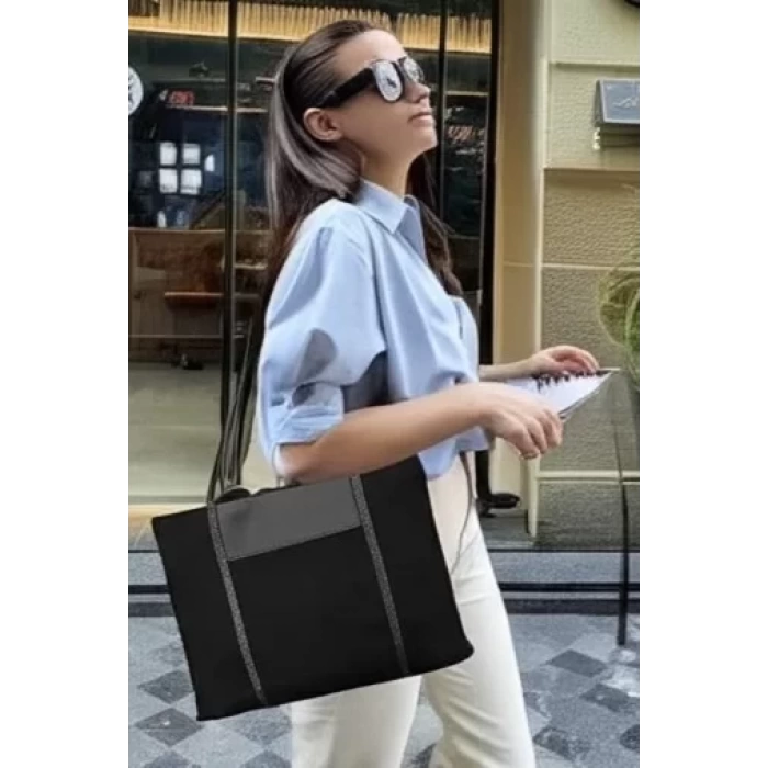 Geniş Kanvas Tote Omuz Çantası Deri Detaylar Hafif Günlük Kullanım Konforlu Kesim Şık Görünüm