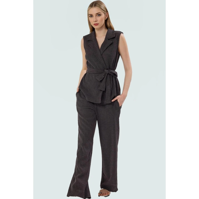 Geniş Paça Kolsuz Yelekli Pantolon Takım Örme Kumaş Günlük Stil Premium Kalite