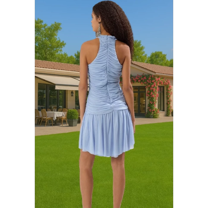 Halter Yaka A Line Tül Örme Abiye Elbise Büzgülü Detay Yazlık Seçkin Malzeme Özel Tasarım