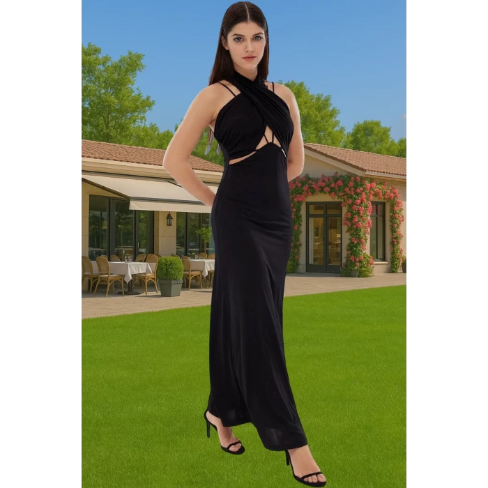 Halter Yaka Cut Out Detaylı Örme Abiye Elbise Polyester Yazlık Özel Tasarım Modern Stil Modern Stil