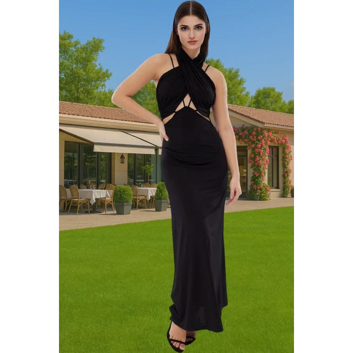 Halter Yaka Cut Out Detaylı Örme Abiye Elbise Polyester Yazlık Özel Tasarım Modern Stil Modern Stil