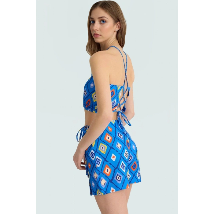 Halter Yaka Dokuma Bluz Mini Etek Takım Geometrik Desenli Yazlık Kombin Rahat Kullanım