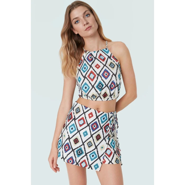 Halter Yaka Dokuma Bluz Mini Etek Takım Geometrik Desenli Yazlık Kombin Rahat Kullanım