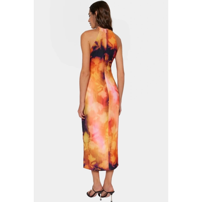 Halter Yaka Kolsuz Midi Elbise Soyut Desenli Dokuma Polyester Yazlık Şık Görünüm Uzun Ömürlü