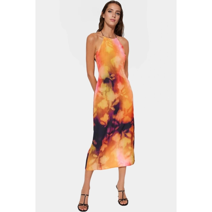 Halter Yaka Kolsuz Midi Elbise Soyut Desenli Dokuma Polyester Yazlık Şık Görünüm Uzun Ömürlü