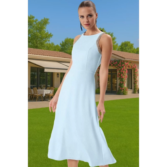 Halter Yaka Taş Detaylı Polyester Abiye Elbise Trend Tasarım Kaliteli İşçilik Özenle Seçilmiş
