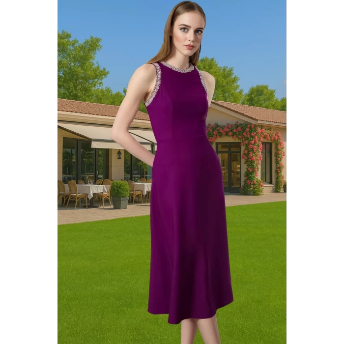 Halter Yaka Taş Detaylı Polyester Abiye Elbise Trend Tasarım Kaliteli İşçilik Özenle Seçilmiş