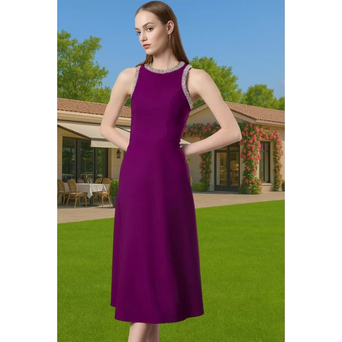 Halter Yaka Taş Detaylı Polyester Abiye Elbise Trend Tasarım Kaliteli İşçilik Özenle Seçilmiş