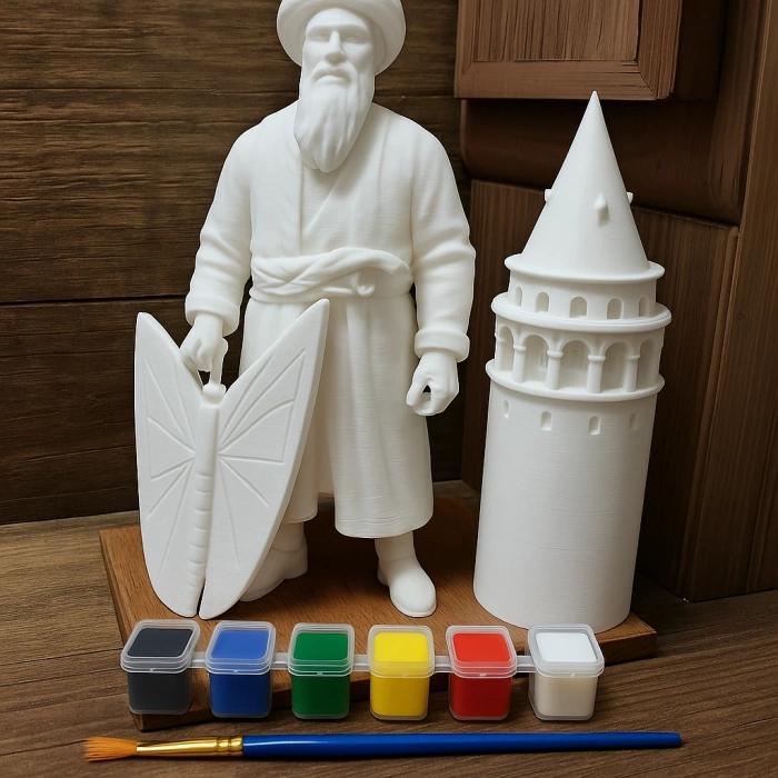 Hezârfen Ahmed Çelebi Biblo, Galata Kulesi Figürü, Akrilik Boyama Setli Tarihi Dekor