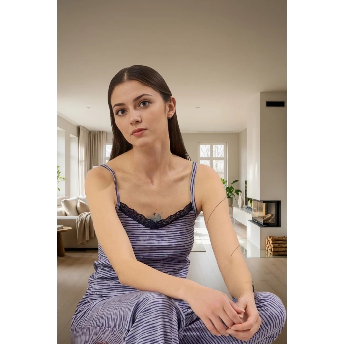 Homewear Çok Dantelli Örme Pijama Takımı Pamuk Regular Kolsuz Yüksek Kalite