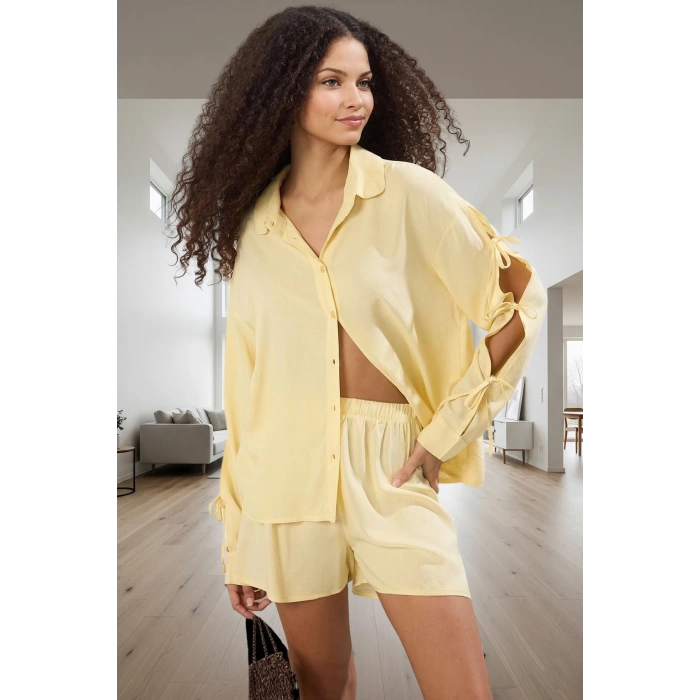 Homewear Şortlu Pijama Takımı Viskoz Bağlamalı Regular Kalıp Rahat Profesyonel Görünüm