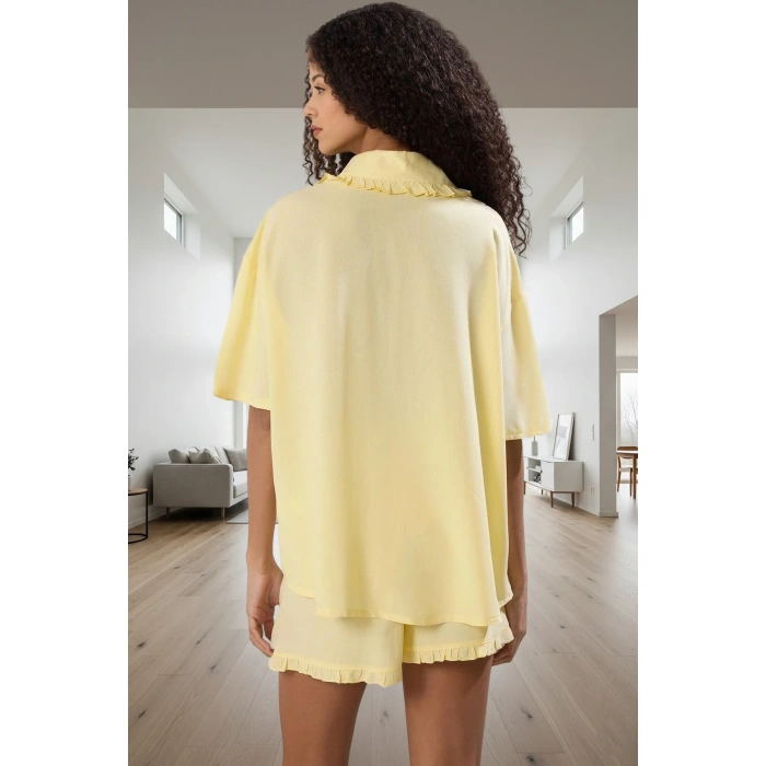 Homewear Yazlık Şortlu Pijama Takımı Viskoz Fırfır Detaylı Rahat Kalıp Premium Kalite
