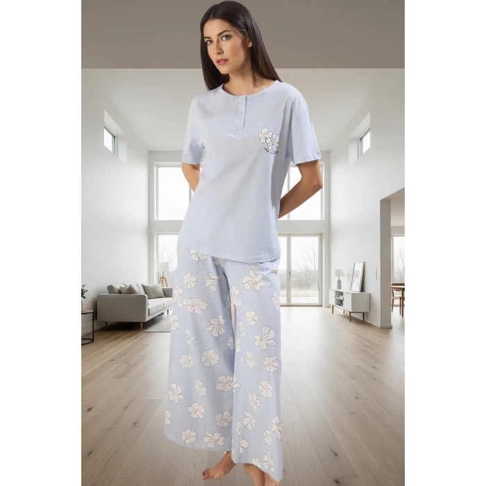 İlkbahar Sonbahar Homewear %100 Pamuk Çiçekli Pijama Takımı Modern Stil Kaliteli İşçilik