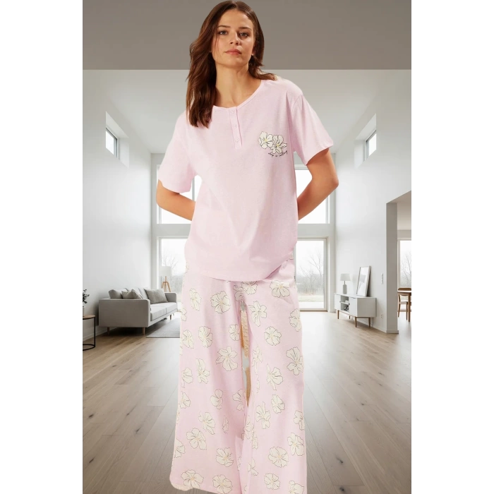 İlkbahar Sonbahar Homewear %100 Pamuk Çiçekli Pijama Takımı Modern Stil Kaliteli İşçilik