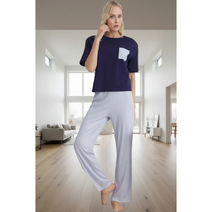 İlkbahar Sonbahar Homewear Pijama Takımı Pamuklu Cepli ve Regular Konforlu Kesim