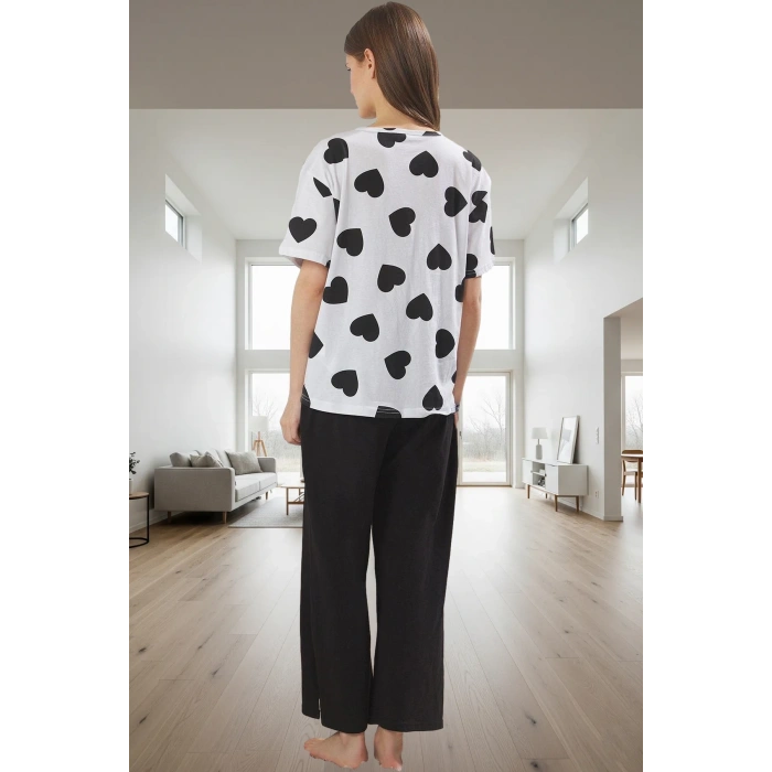 İlkbahar Sonbahar İçin %100 Pamuk Homewear Pijama Takımı; Kalpli Desen V Yaka Regular Kalıp