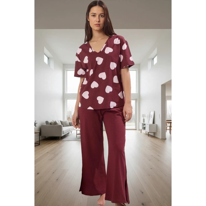 İlkbahar Sonbahar İçin %100 Pamuk Homewear Pijama Takımı; Kalpli Desen V Yaka Regular Kalıp