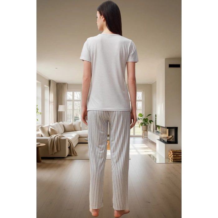 İlkbahar Sonbahar İçin Pamuk Karışımlı Çizgili Pijama Takımı Dayanıklı Malzeme