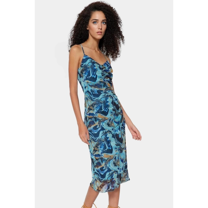 İnce Askılı Bodycon Elbise Desenli Tül Midi Boy Örme Kumaş Rahat Ve Şık Trend Tasarım