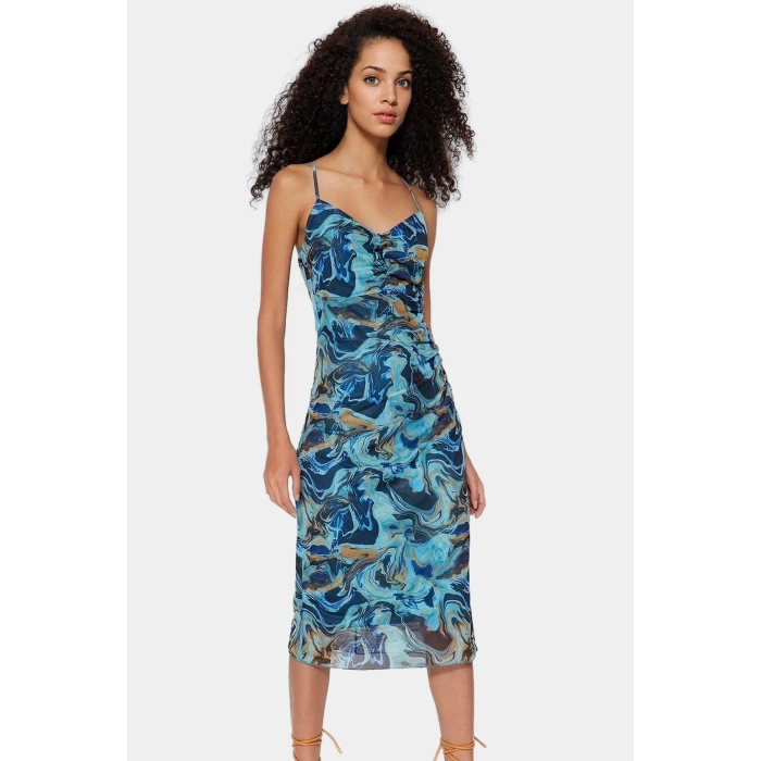 İnce Askılı Bodycon Elbise Desenli Tül Midi Boy Örme Kumaş Rahat Ve Şık Trend Tasarım